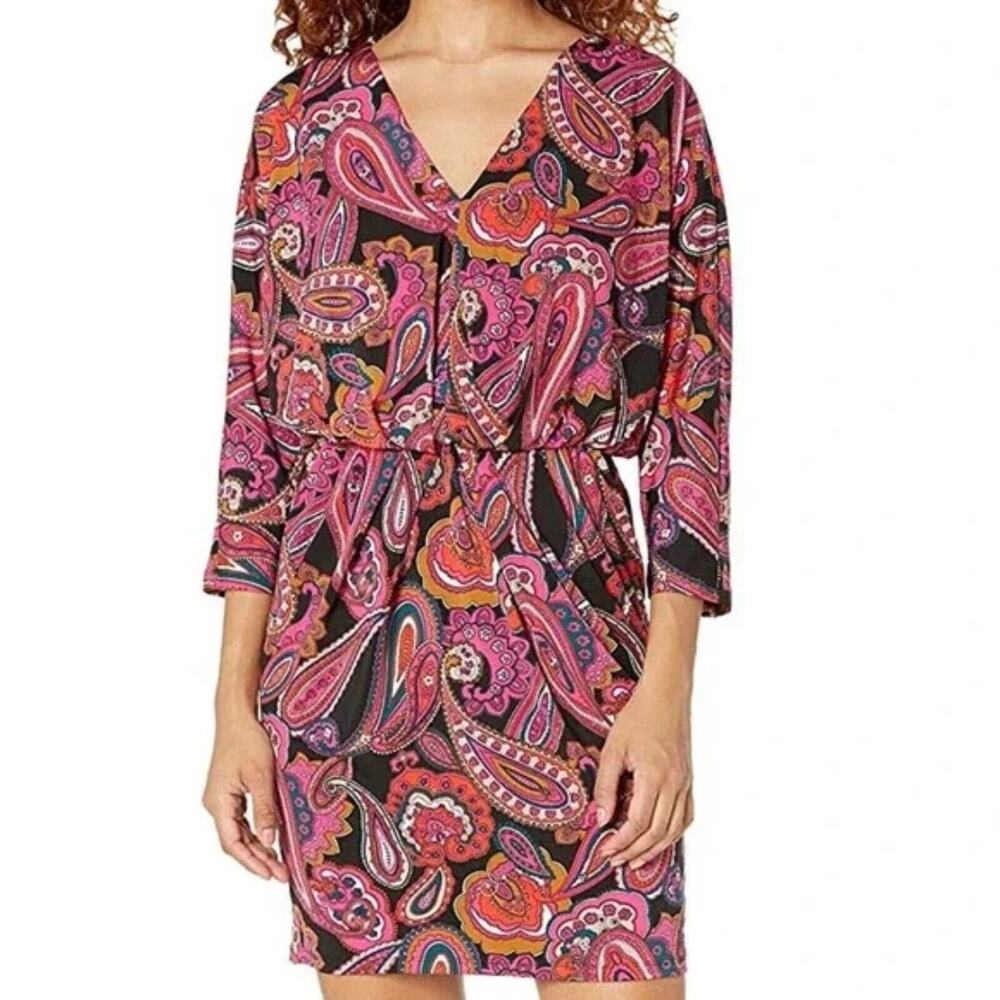 Trina Turk Jersey Dress Black Pink Paisley V-Neck Resortwear Vacay Short Size L